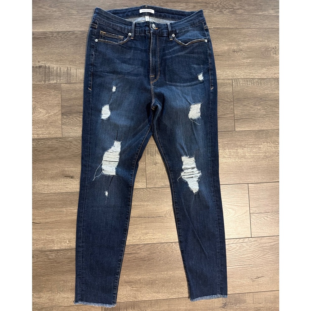 Good American Good Legs Jeans Stretch Blue Dark Wash Distressed Raw Hem Size 16